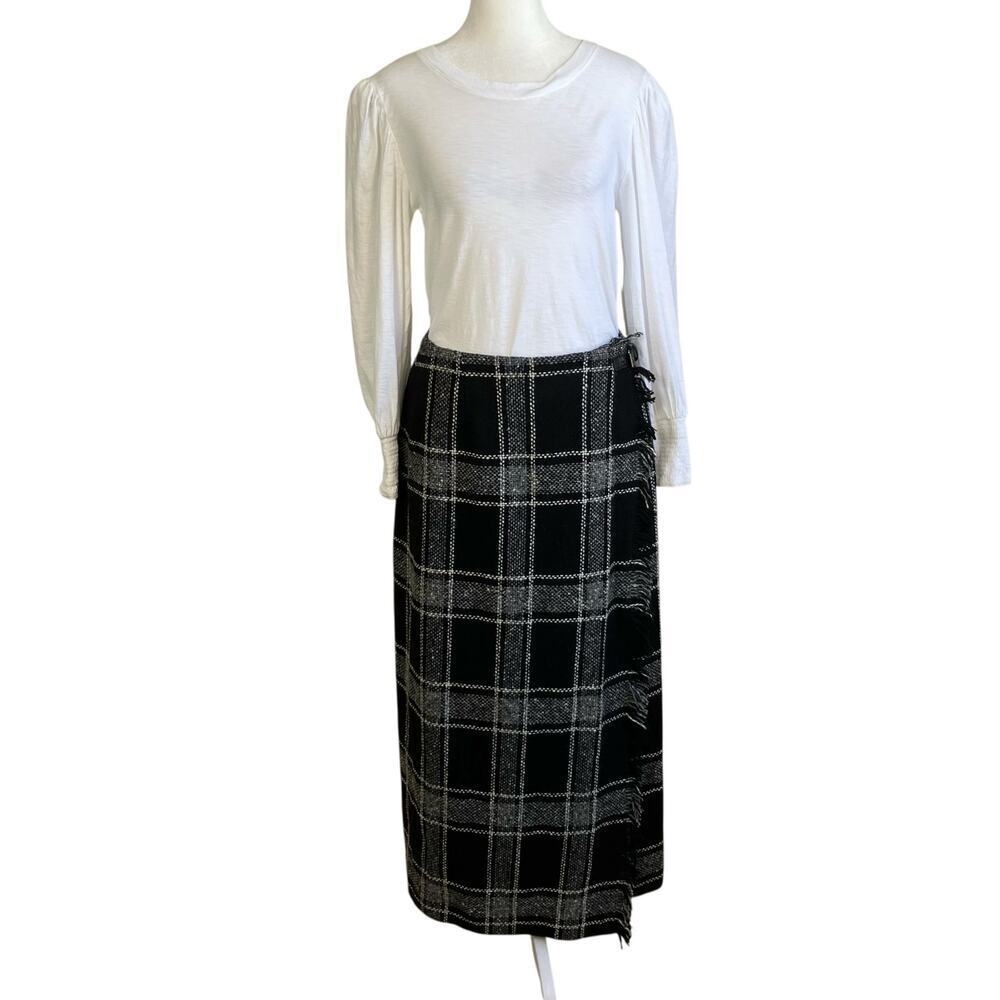 Talbots Sz 8 Vtg Wool Blend Fringed Wrap Maxi Skirt Plaid Black & White Modest